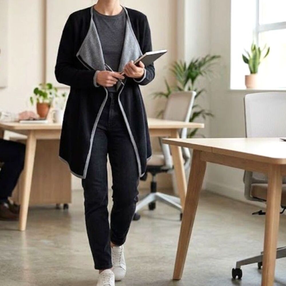 Lineamaglia Italian Wool Blend Open Cardigan Oversized Small Black Career Office